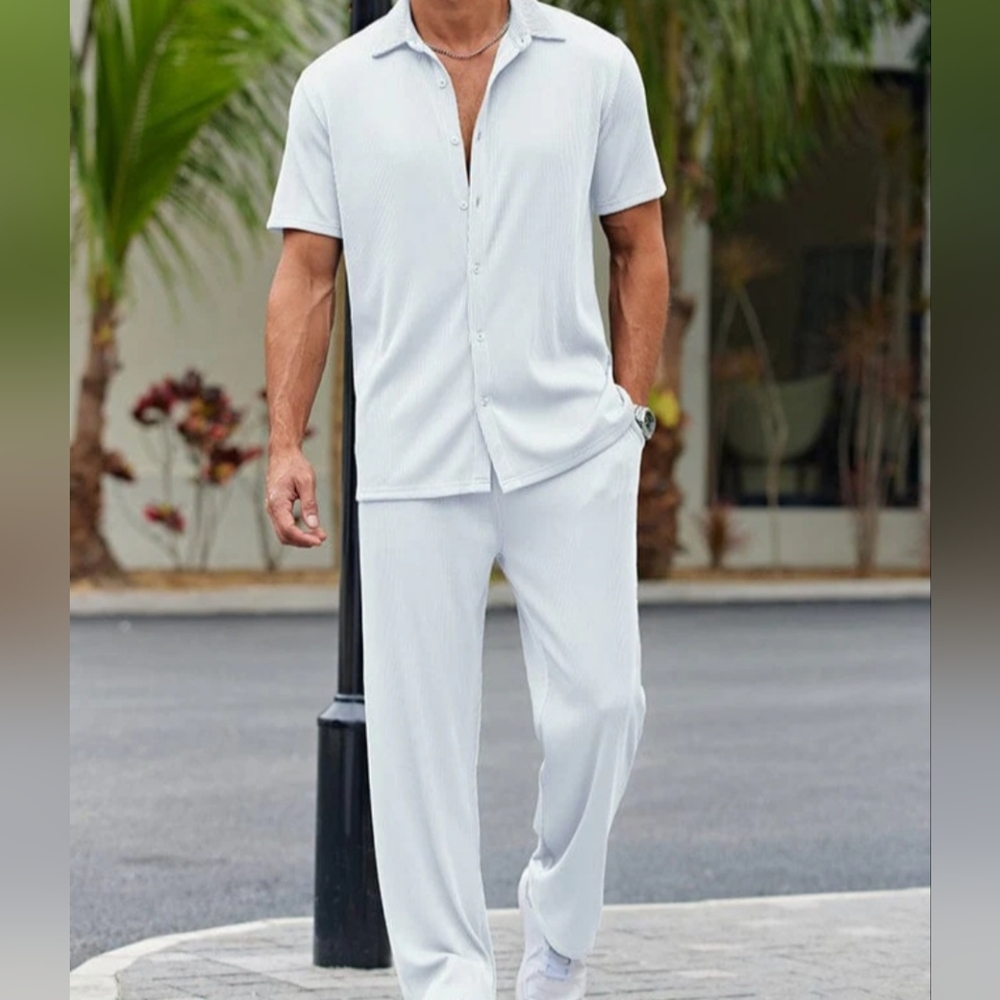 Men's White Short Sleeve Shirt and Pants Set